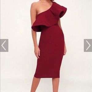 Lulu’s Burgandy One Shoulder Midi Dress